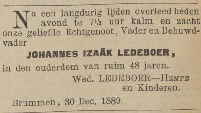 Overlijdsadvertentie Zutphense Courant  3 januari 1890